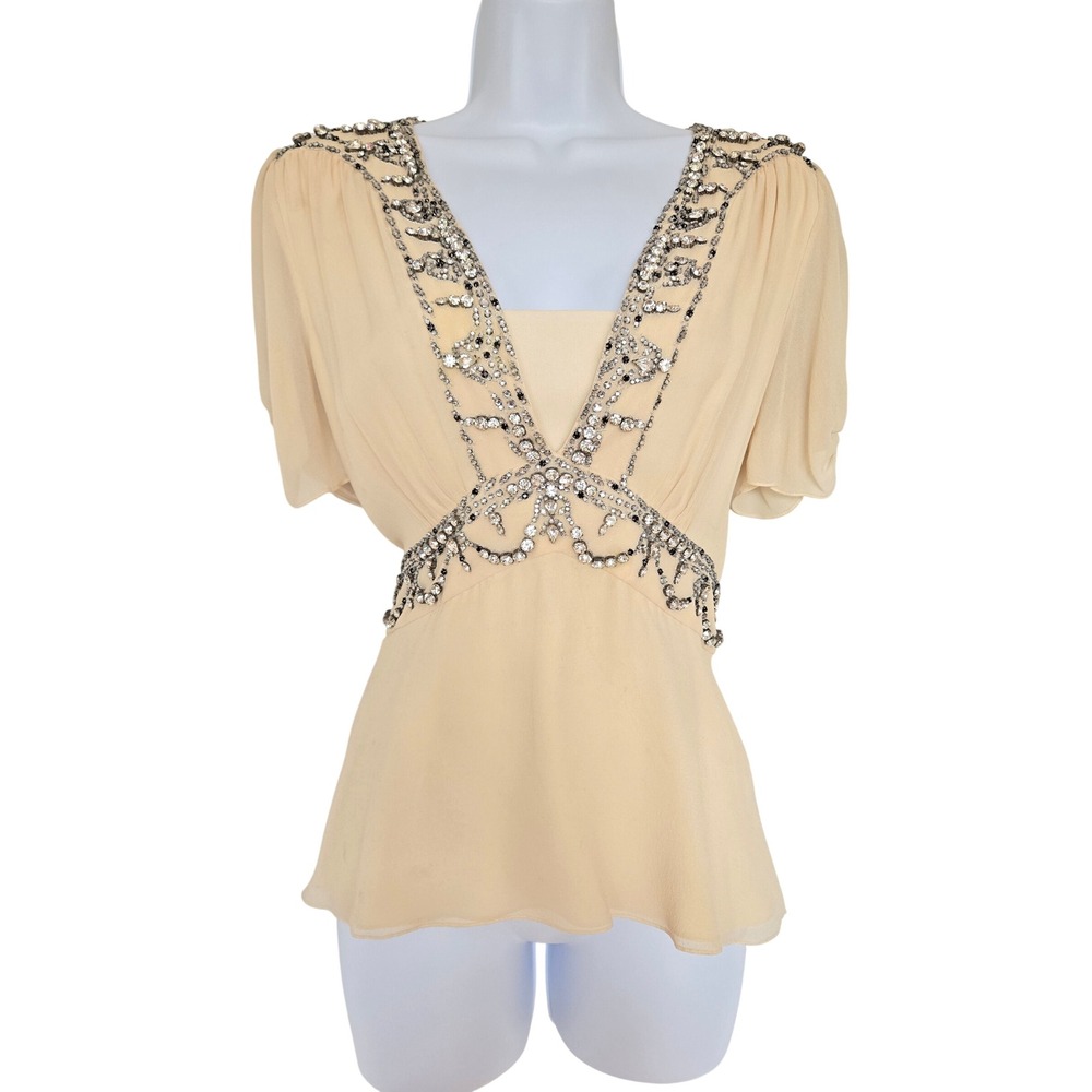 Vtg Temperley London Silk Crystal Embellished Blouse 8 Art Deco Glam Gatsby Luxe
